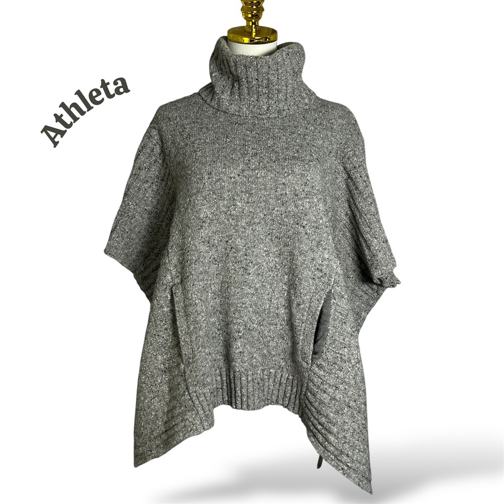 Athleta Turtleneck Poncho Gray Wool Blend Knit Pullover Top S/M